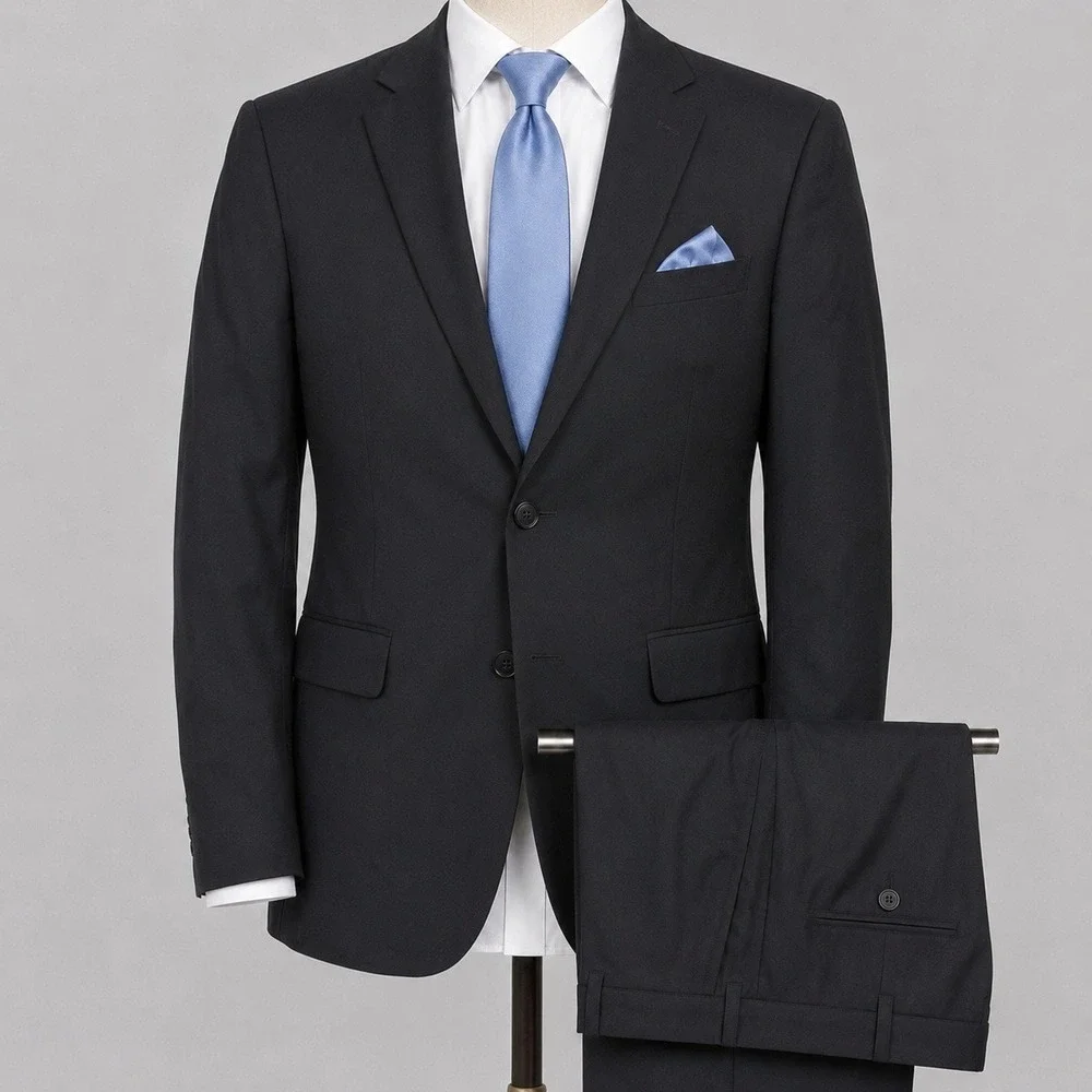 Jos A Bank 2-Piece Suit Mens 42R 36x29 100% WOOL Pleated Cuffed Solid Black